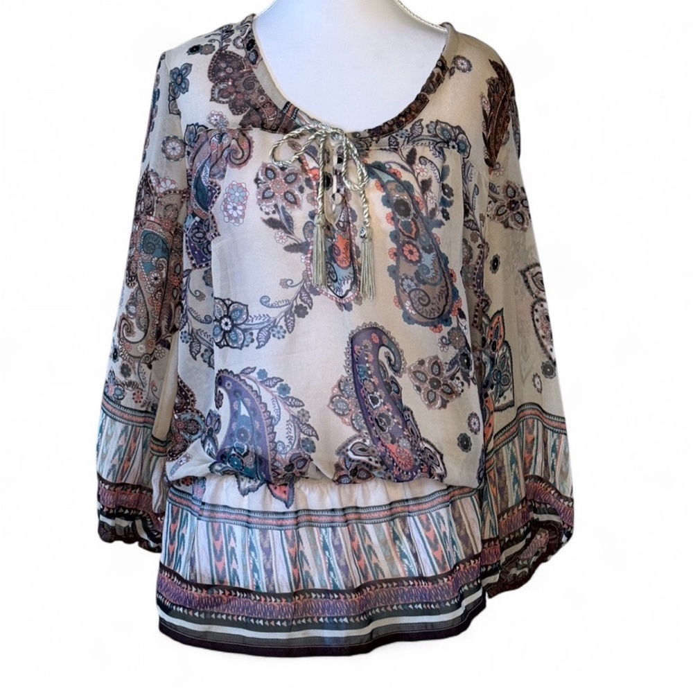 BISOU BISOU Paisley Boho Peasant Blouse Sheer Tassel Tie M/M